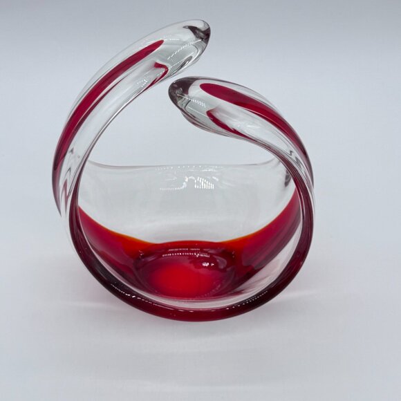 Vintage Mid Century Modern Red & Clear Art Glass Dish / Basket - Picture 3 of 6